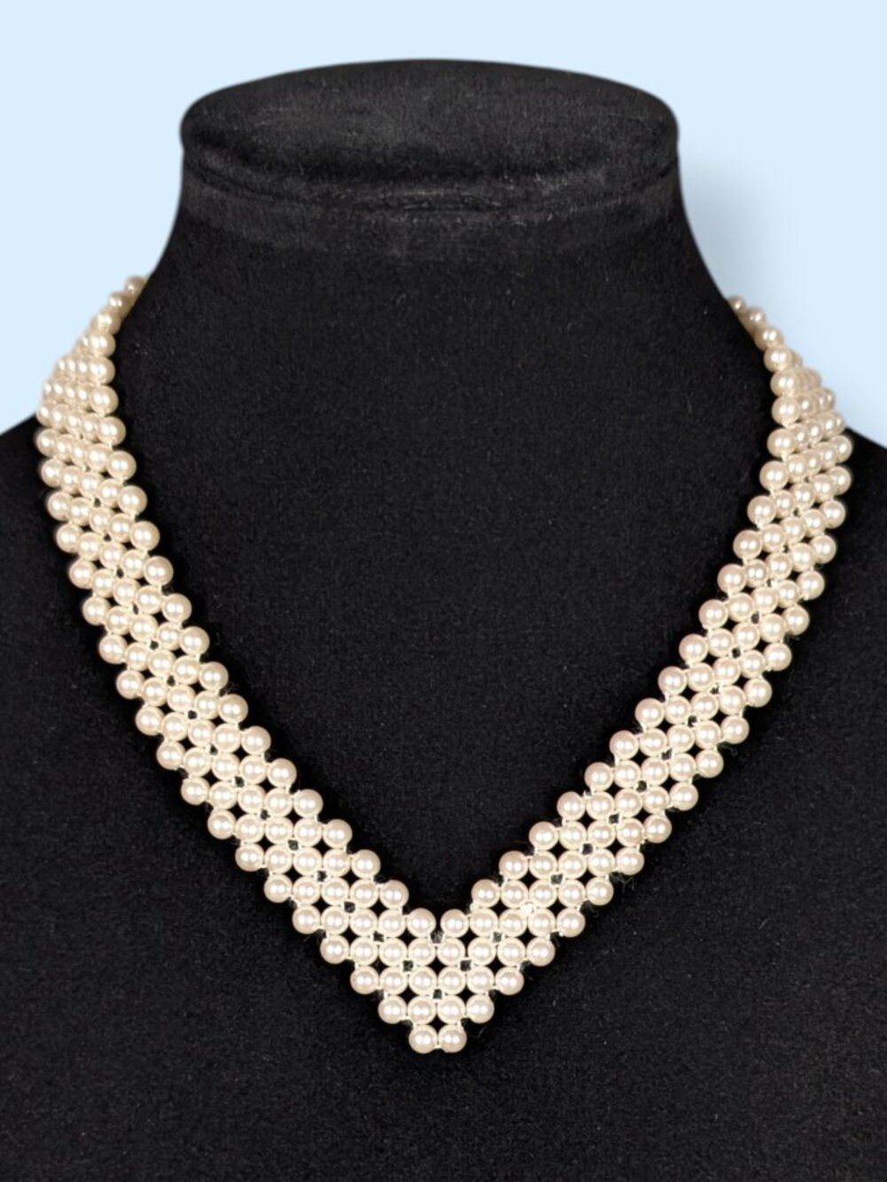 Vintage Faux Pearl Woven "V" Statement Necklace